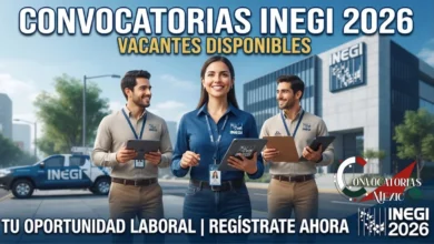Tres profesionales del INEGI (una mujer y dos hombres) sonrientes frente a las oficinas del instituto, promoviendo la "Convocatoria INEGI 2026" para nuevas vacantes y oportunidades laborales en México.