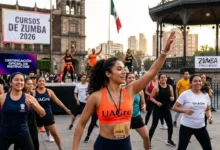 Grupo de personas participando en un curso y sesión masiva de Zumba al aire libre liderada por una instructora certificada en México 2026.