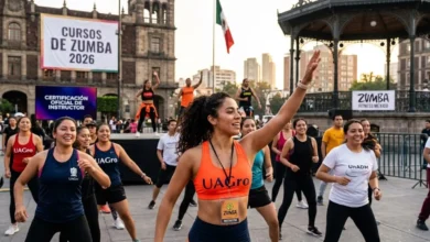Grupo de personas participando en un curso y sesión masiva de Zumba al aire libre liderada por una instructora certificada en México 2026.