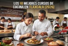 Una chef profesional sonriente impartiendo un taller de cocina tradicional y repostería en Tlaxcala, con utensilios y platillos mexicanos sobre una mesa de trabajo moderna.