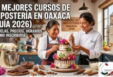 Los 12 Mejores Cursos de Repostería en Oaxaca (2026): Escuelas, Costos y Horarios 12 Chef instructora y alumna decorando un pastel artesanal en una escuela de repostería en Oaxaca con Santo Domingo al fondo.