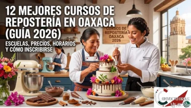 Chef instructora y alumna decorando un pastel artesanal en una escuela de repostería en Oaxaca con Santo Domingo al fondo.