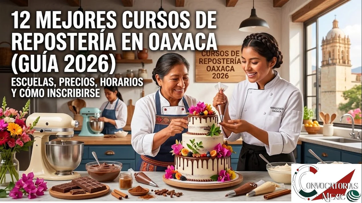 Chef instructora y alumna decorando un pastel artesanal en una escuela de repostería en Oaxaca con Santo Domingo al fondo.