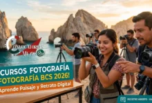 Estudiantes practicando con cámaras profesionales durante un taller de fotografía de paisaje en Baja California Sur.
