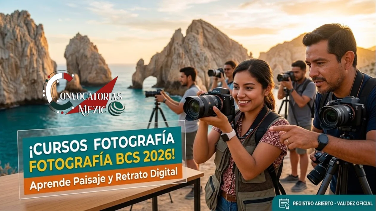 Estudiantes practicando con cámaras profesionales durante un taller de fotografía de paisaje en Baja California Sur.