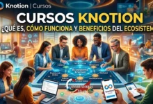 Infografía y portada sobre Cursos Knotion mostrando a personas colaborando con tecnología educativa, tabletas y una mesa digital interactiva del ecosistema Knotion.