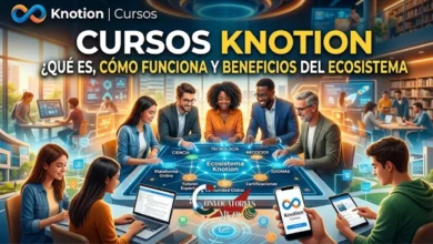 Infografía y portada sobre Cursos Knotion mostrando a personas colaborando con tecnología educativa, tabletas y una mesa digital interactiva del ecosistema Knotion.