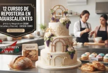 12 Cursos de Repostería en Aguascalientes (2026): Mejores Escuelas, Precios y Validez Oficial 12 Imagen promocional de 12 Cursos de Repostería en Aguascalientes con un pastel decorado con racimos de uvas y arcos coloniales, acompañado de pan artesanal y cupcakes en una escuela de cocina.`