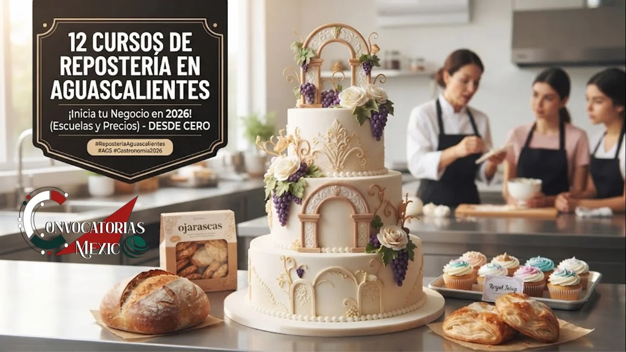 Imagen promocional de 12 Cursos de Repostería en Aguascalientes con un pastel decorado con racimos de uvas y arcos coloniales, acompañado de pan artesanal y cupcakes en una escuela de cocina.`