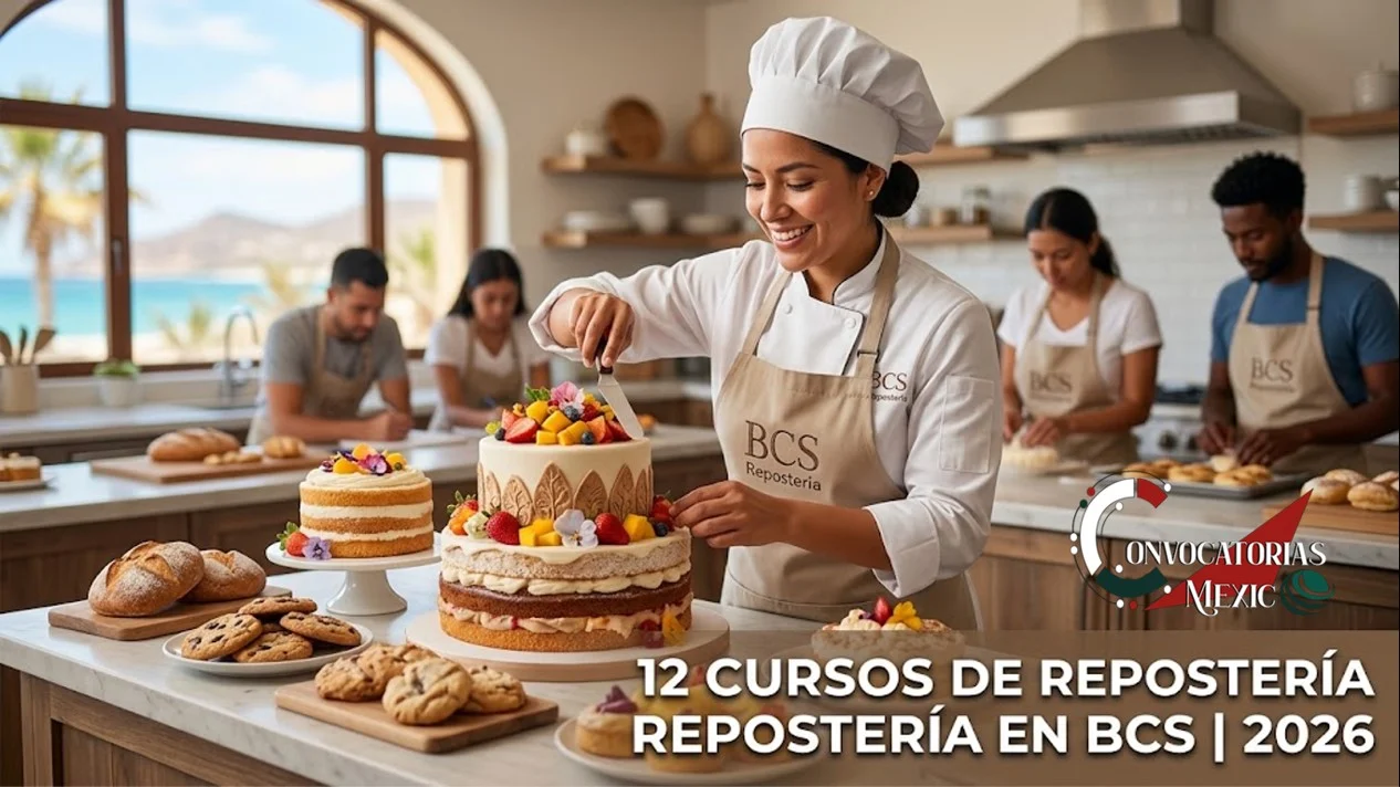 Chef instructora decorando pastel de fondant en una clase presencial de repostería en Baja California Sur con vista al mar y alumnos al fondo.