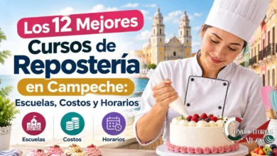 Cursos de repostería en Campeche con una chef pastelera decorando un pastel, ideales para conocer escuelas, costos y horarios de capacitación.