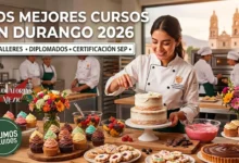Una mujer duranguense sonriente con mandil de ICATED Durango decora un pastel en un estudio de repostería profesional. La imagen incluye textos que destacan "¡APRENDE REPOSTERÍA PROFESIONAL EN DURANGO! 2026" y "CURSOS Y DIPLOMADOS CON VALIDEZ SEP", garantizando la veracidad de la oferta educativa local en Durango, Gómez Palacio y Lerdo.