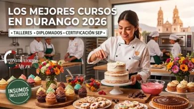 Una mujer duranguense sonriente con mandil de ICATED Durango decora un pastel en un estudio de repostería profesional. La imagen incluye textos que destacan "¡APRENDE REPOSTERÍA PROFESIONAL EN DURANGO! 2026" y "CURSOS Y DIPLOMADOS CON VALIDEZ SEP", garantizando la veracidad de la oferta educativa local en Durango, Gómez Palacio y Lerdo.