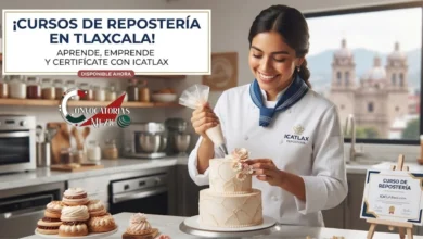 Una chef pastelera sonriente en un taller de ICATLAX en Tlaxcala decorando un pastel de bodas. Al fondo, se ven los arcos de la ciudad. En la mesa, hay un diploma oficial y un texto que dice 'Cursos de Repostería en Tlaxcala'.