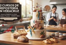 Imagen promocional de 12 Cursos de Repostería en Veracruz con un pastel temático de vainas de cacao y voladores, acompañado de pan artesanal y cupcakes en una cocina de escuela.`