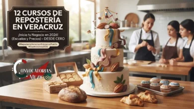 Imagen promocional de 12 Cursos de Repostería en Veracruz con un pastel temático de vainas de cacao y voladores, acompañado de pan artesanal y cupcakes en una cocina de escuela.`