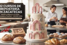 Imagen promocional de 12 Cursos de Repostería en Zacatecas con un pastel temático de arcos coloniales y corazones, acompañado de pan artesanal y cupcakes decorados en una cocina de escuela.`