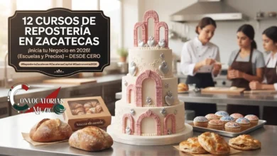 Imagen promocional de 12 Cursos de Repostería en Zacatecas con un pastel temático de arcos coloniales y corazones, acompañado de pan artesanal y cupcakes decorados en una cocina de escuela.`