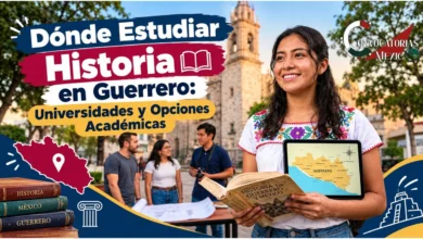 Estudiante con un libro de historia y un mapa de Guerrero frente a un edificio histórico, ilustrando las opciones para estudiar Historia en universidades de Guerrero, México.