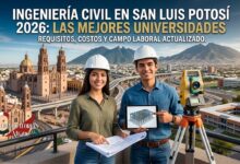 Dónde estudiar Ingeniería Civil en San Luis Potosí: Mejores Universidades 12 Estudiantes de Ingeniería Civil en San Luis Potosí analizando planos e infraestructura universitaria frente al campus.