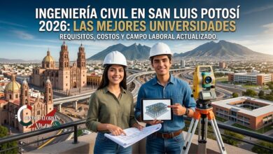Estudiantes de Ingeniería Civil en San Luis Potosí analizando planos e infraestructura universitaria frente al campus.