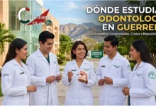 Cuatro estudiantes de Odontología con batas blancas frente a un campus universitario en Guerrero, sosteniendo instrumental y un modelo dental.