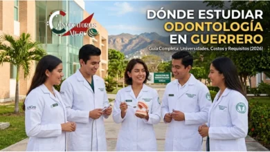 Cuatro estudiantes de Odontología con batas blancas frente a un campus universitario en Guerrero, sosteniendo instrumental y un modelo dental.
