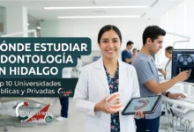 Estudiantes de odontología en una clínica universitaria moderna revisando modelos dentales y tabletas en Hidalgo.