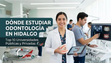 Estudiantes de odontología en una clínica universitaria moderna revisando modelos dentales y tabletas en Hidalgo.