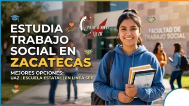 Dos profesionales mexicanos (psicóloga y trabajador social) sonrientes frente a un centro de asistencia del Sistema DIF, sosteniendo una tableta digital con la leyenda "Bolsa de Trabajo DIF 2026 - Vacantes Abiertas" y un sello de sueldos competitivos.
