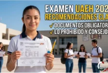 Aspirante sonriente mostrando su pase de ingreso al examen de admisión UAEH 2026 frente a una escuela universitaria.