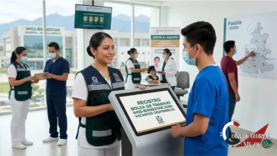 Infografía publicitaria de la Convocatoria Bolsa de Trabajo IMSS-Bienestar 2026 con enlace a registro de vacantes para personal de salud.