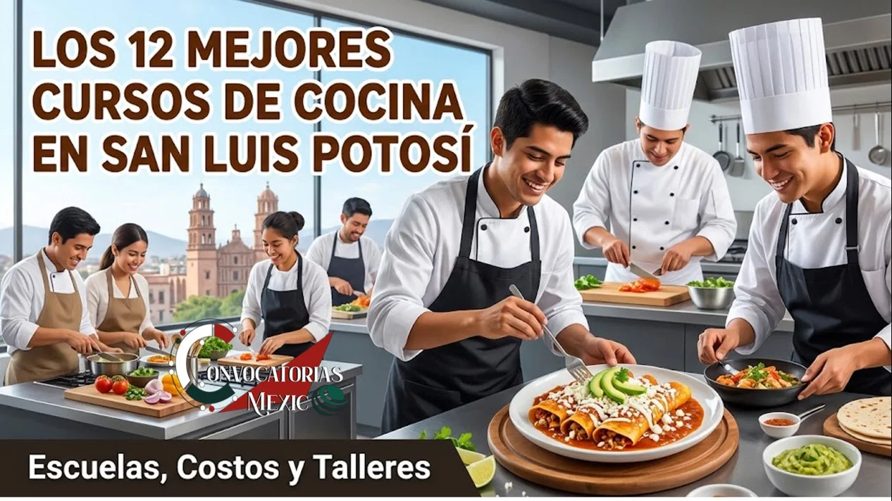 Estudiantes de gastronomía y chefs preparando platillos tradicionales en una cocina profesional con vista al centro histórico de San Luis Potosí