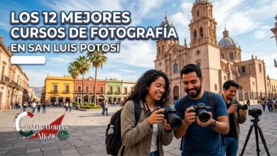 Dos jóvenes fotógrafos sonrientes revisando su cámara DSLR frente a la Catedral de San Luis Potosí durante una práctica de curso de fotografía urbana.