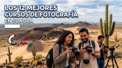 Estudiantes de fotografía sonrientes sosteniendo cámaras DSLR y mirrorless durante un taller al aire libre en el desierto de Sonora, con el cráter El Elegante de El Pinacate y saguaros al fondo