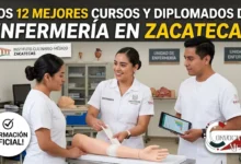 Top 12 Cursos y Diplomados de Enfermería en Zacatecas 12 Grupo de tres enfermeros profesionales mexicanos (un hombre y dos mujeres) en un laboratorio de simulación médica en Zacatecas, demostrando técnicas de vendaje. Incluye texto de portada para SEO y etiquetas de inscripción