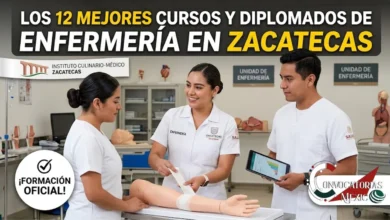 Grupo de tres enfermeros profesionales mexicanos (un hombre y dos mujeres) en un laboratorio de simulación médica en Zacatecas, demostrando técnicas de vendaje. Incluye texto de portada para SEO y etiquetas de inscripción