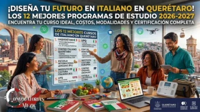 Grupo de estudiantes trabajando en una mesa con libros de gramática italiana, laptops y una pantalla interactiva que muestra las 12 mejores escuelas de italiano en Querétaro con el Acueducto al fondo.