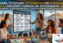 Los 12 Mejores Cursos de Fotografía en Chihuahua 2026: Guía Completa 12 Fotógrafos y estudiantes en un estudio analizando una pantalla interactiva con el listado de los 12 mejores cursos de fotografía en Chihuahua, rodeados de cámaras DSLR, lentes y equipo de edición.