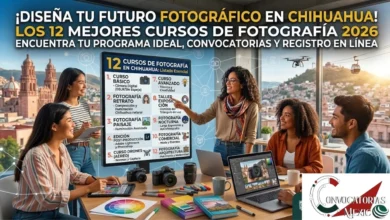 Fotógrafos y estudiantes en un estudio analizando una pantalla interactiva con el listado de los 12 mejores cursos de fotografía en Chihuahua, rodeados de cámaras DSLR, lentes y equipo de edición.