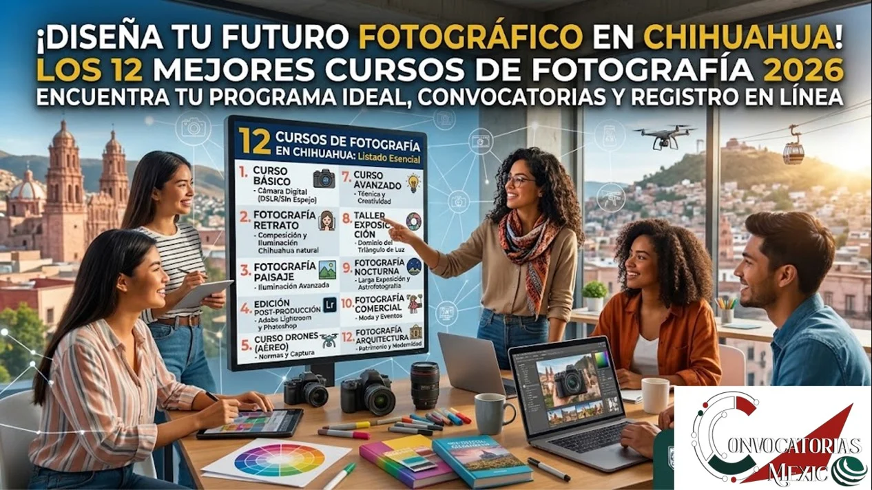 Fotógrafos y estudiantes en un estudio analizando una pantalla interactiva con el listado de los 12 mejores cursos de fotografía en Chihuahua, rodeados de cámaras DSLR, lentes y equipo de edición.