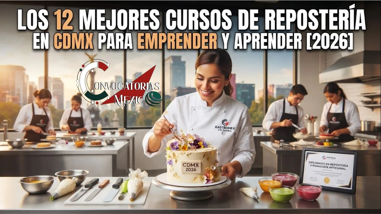 Chef pastelera profesional decorando un pastel avanzado en una escuela de gastronomía en CDMX (con vista al Ángel de la Independencia), representando los mejores cursos de repostería de 2026 para emprendedores.