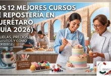 Estudiante y chef instructora decorando un pastel en una escuela de repostería en Querétaro con los Arcos al fondo.