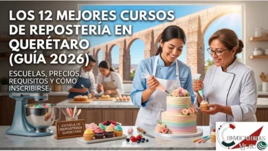 Estudiante y chef instructora decorando un pastel en una escuela de repostería en Querétaro con los Arcos al fondo.