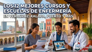 Tres estudiantes de enfermería sonrientes en Veracruz practicando con una simulación médica en tablet y modelo anatómico, con la Catedral de Xalapa y el Malecón del Puerto de fondo, ilustrando los mejores cursos de enfermería