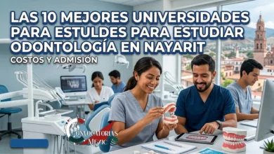 Una pareja de estudiantes de odontología sonrientes en una clínica universitaria moderna, examinando un modelo dental y una tablet que muestra anatomía dental, con la Catedral de Tepic visible a través de la ventana al fondo.