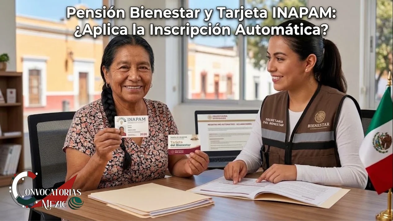 "Una mujer adulta mayor sonríe sosteniendo su tarjeta INAPAM y su Tarjeta del Bienestar, mientras una funcionaria de la Secretaría del Bienestar explica el proceso de registro en una oficina en Puebla, México."