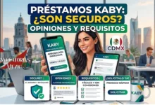 Infografía de Préstamos Kaby: Una mujer joven muestra en su celular el proceso de solicitud, seguridad regulada, opiniones de clientes y requisitos en CDMX.