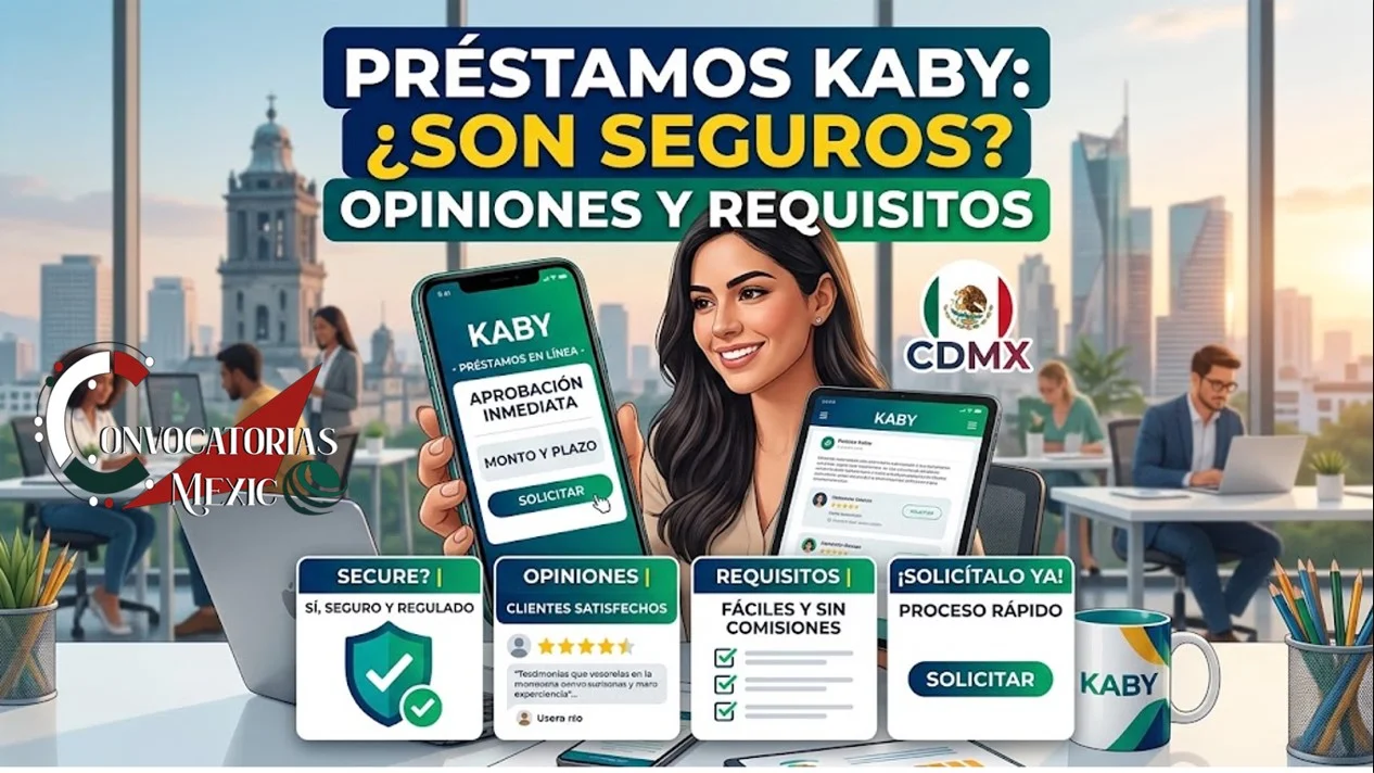 Infografía de Préstamos Kaby: Una mujer joven muestra en su celular el proceso de solicitud, seguridad regulada, opiniones de clientes y requisitos en CDMX.