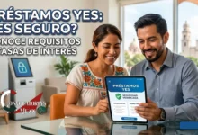 Una pareja sonriente en una oficina moderna revisando la solicitud de Préstamos Yes en una tablet digital que muestra sellos de seguridad, requisitos y tasas de interés.